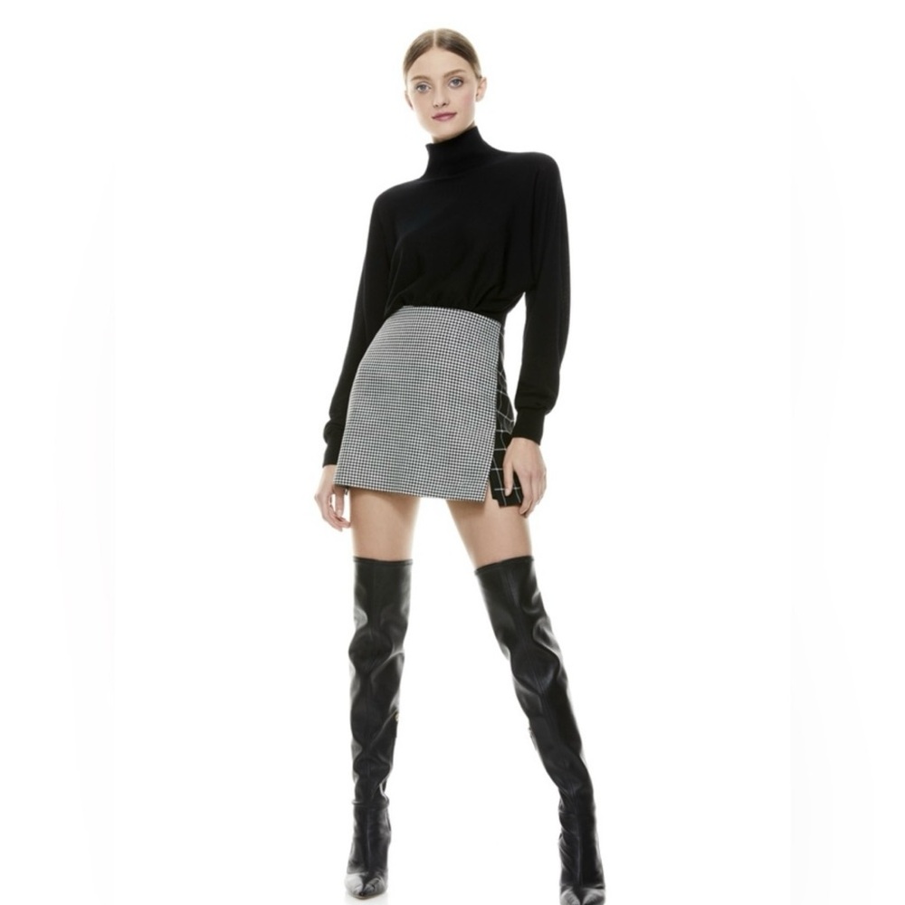 Alice + Olivia Mini Skirt Houndstooth Plaid Black White Women 10 Academia Preppy - Picture 2 of 11